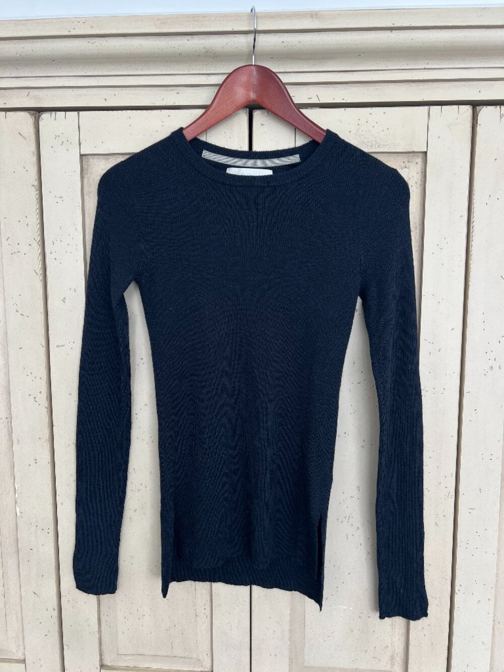 Brochu Walker Ribbed Merino Wool Crewneck Sweater Black Side Slits XS